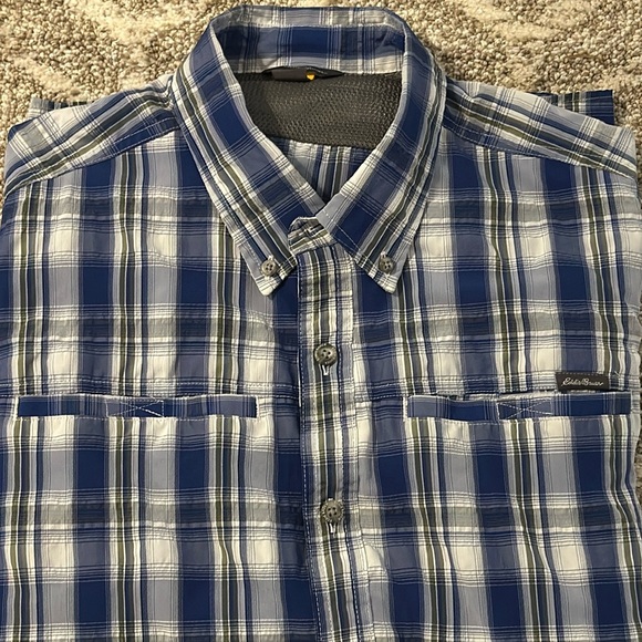 Eddie Bauer button down blue / gray plaid shirt - size Large L - Picture 1 of 13